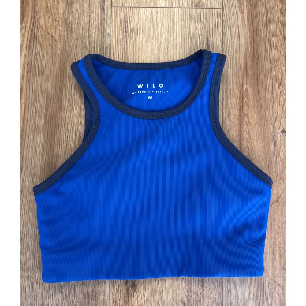 WILO The Label Royal Blue Ribbed High Neck Activewear Crop Tank Top Womens M